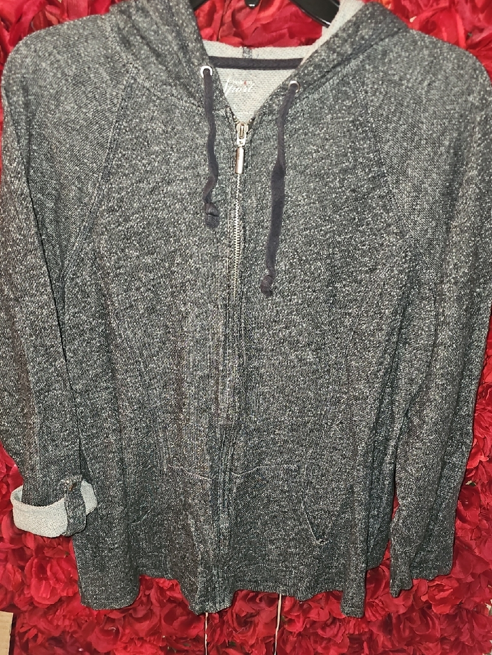Style & Co. Sport Charcoal Gray Zip-Up Hoodie Jacket Adj. Sleeves Size Large